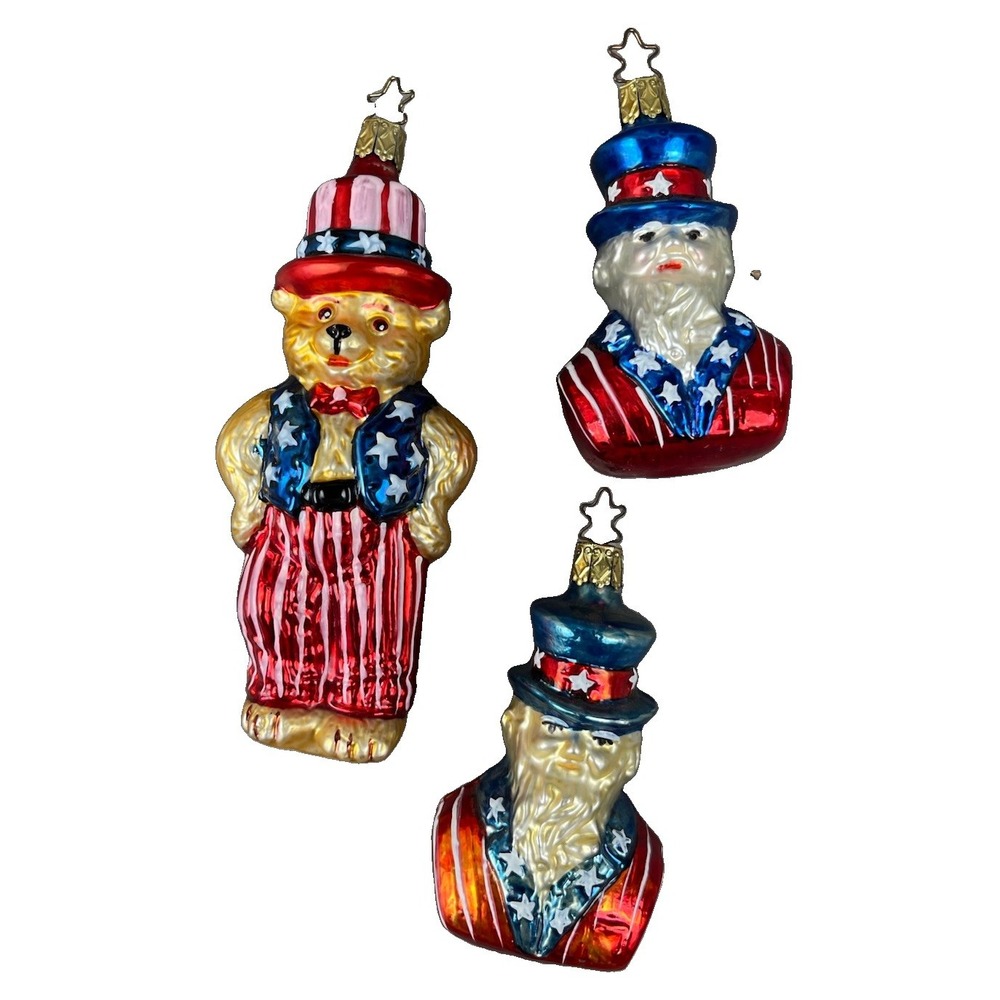 INGE GLAS Patriotic UNCLE SAM Bust & Bear Christmas Ornaments Germany Lot Of 3